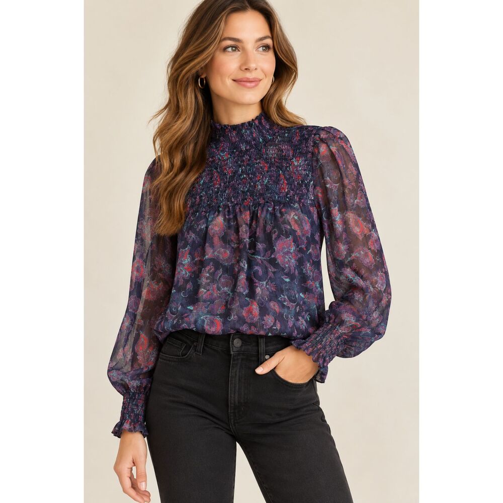 Joie XS Floral Metallic Thread Smocked High Neck Sheer Sleeve Blouse
